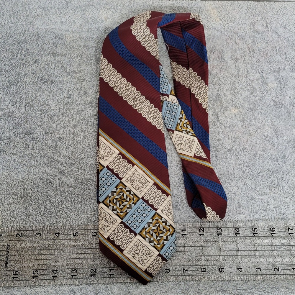 Guillermo de Luna Vintage Mens Geometric Stripe Tie Burgundy Blue Wide 1970s